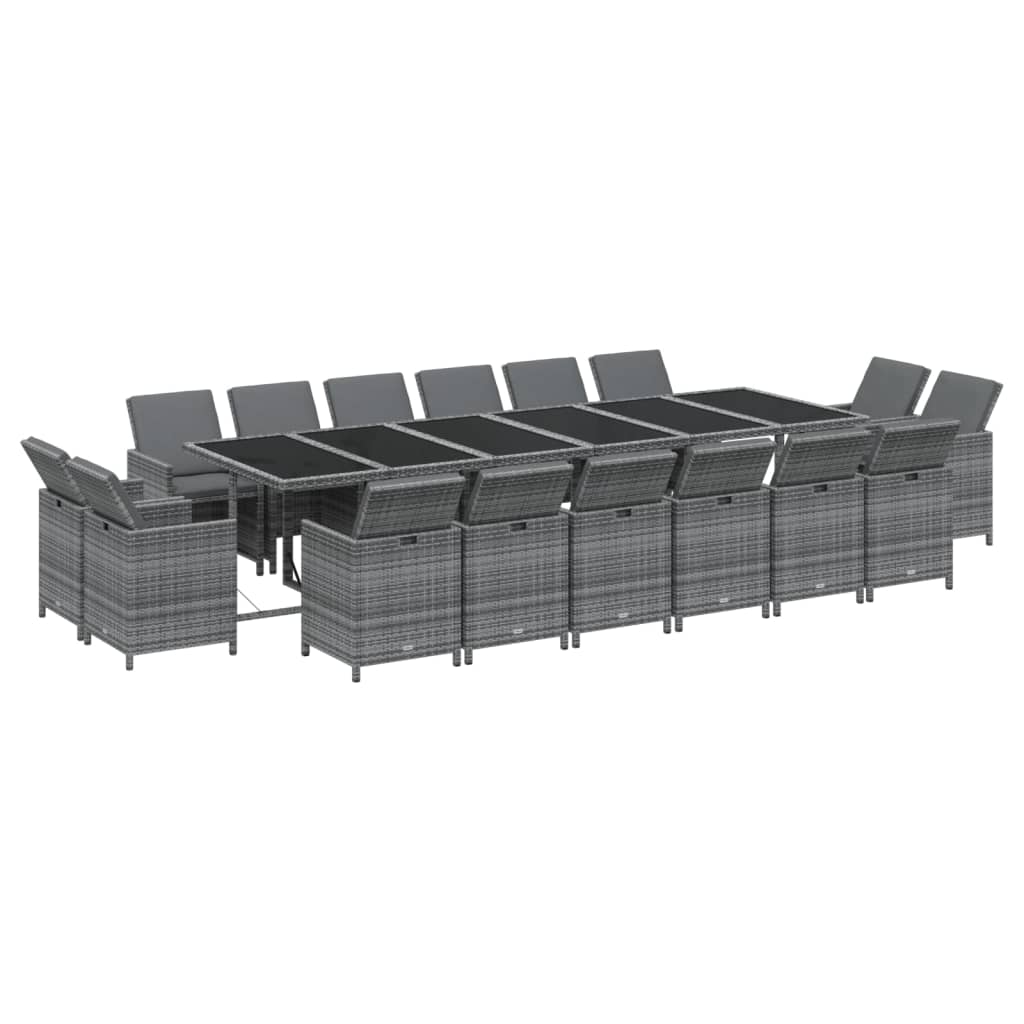 17 Pcs conjunto jantar p/ jardim c/ almofadões vime PE cinzento