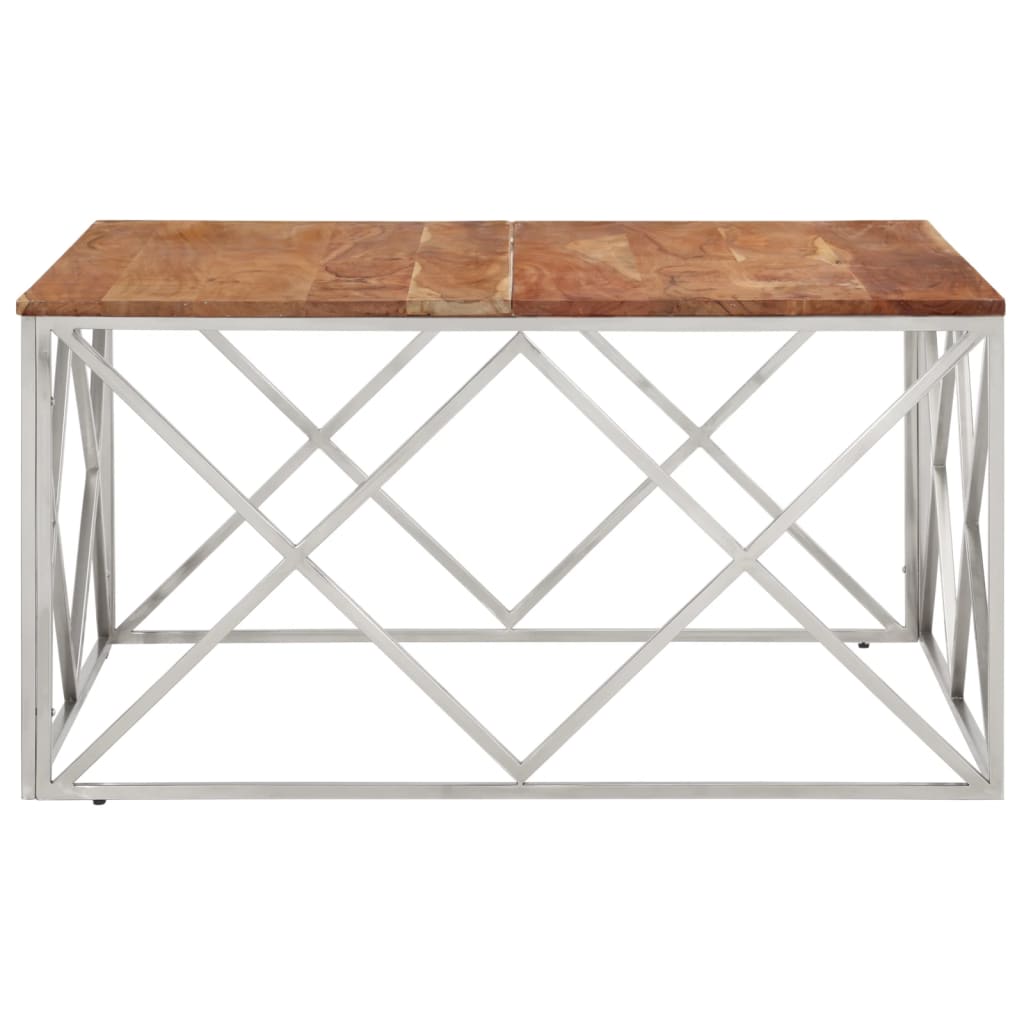 Mesa de centro aço inoxidável/madeira de acácia maciça prateado