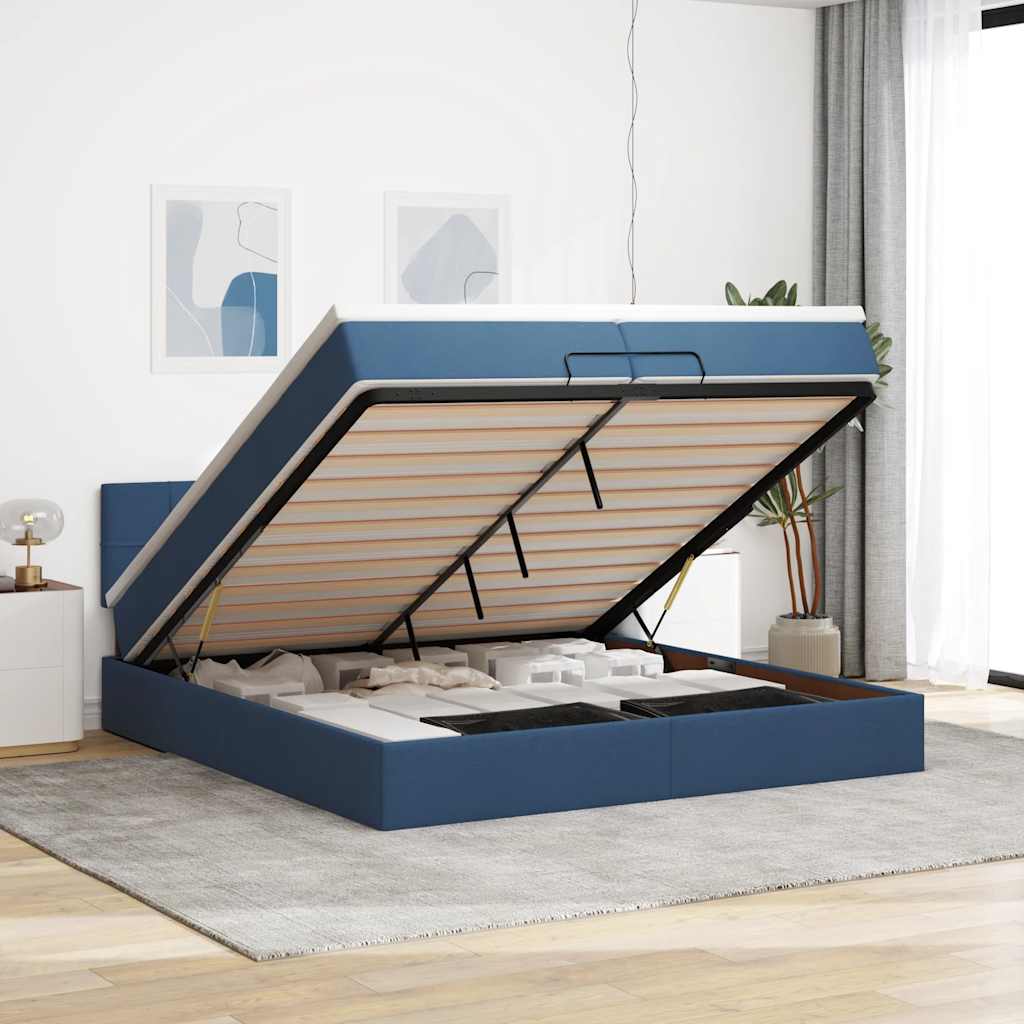 Estrutura de cama otomana com colchões 200x200cm tecido azul