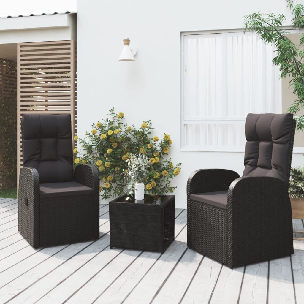 3 Pcs conjunto lounge de jardim vime PE e aço preto