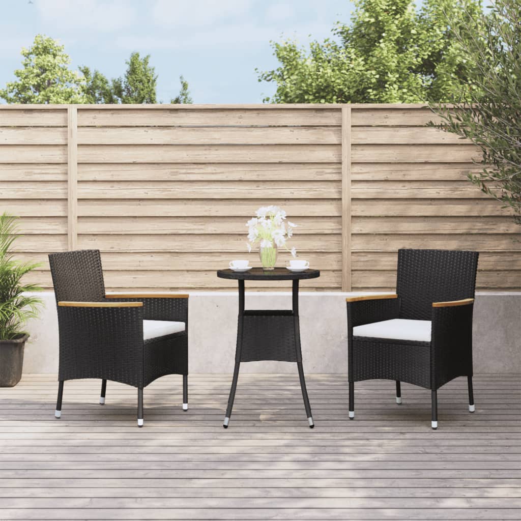 3 Pcs conjunto bistrô de jardim c/ almofadões vime PE preto