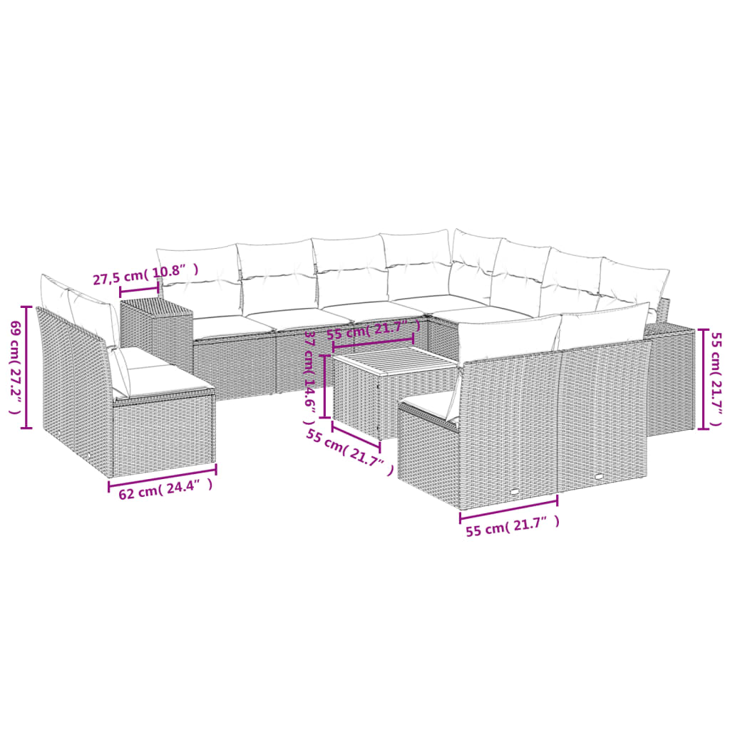 12 Pcs conjunto de sofás p/ jardim com almofadões vime PE bege