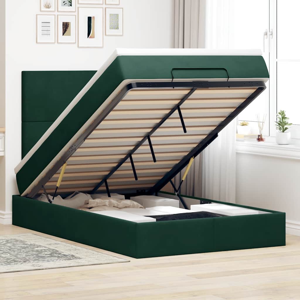 Estrutura de cama otomana com colchões verde escuro veludo