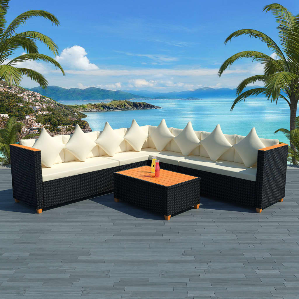 5 Pcs conjunto lounge de jardim c/ almofadões vime PE preto