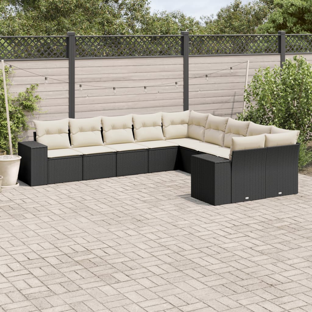 10 Pcs conjunto sofás de jardim c/ almofadões vime PE preto