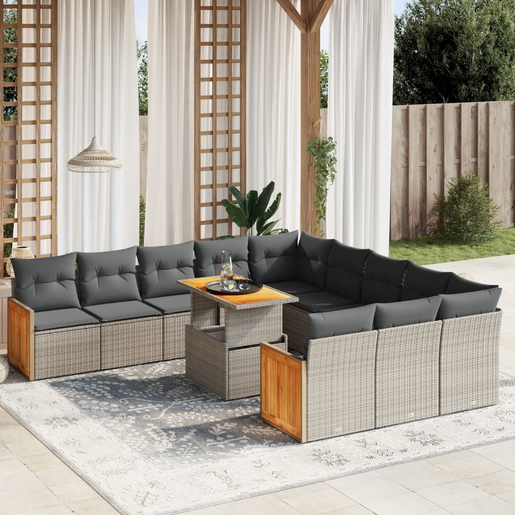 11 Pcs conjunto sofás de jardim c/ almofadões vime PE cinzento
