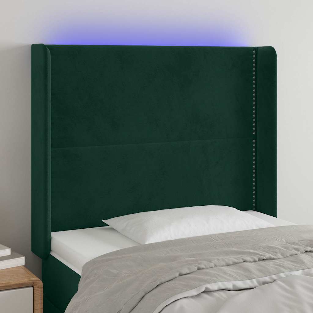 Cabeceira de cama c/ LED veludo 103x16x118/128 cm verde-escuro