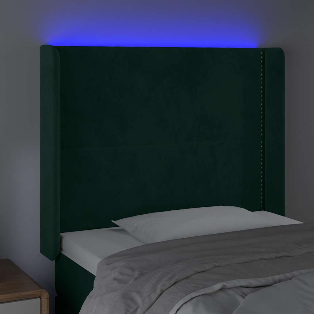 Cabeceira de cama c/ LED veludo 103x16x118/128 cm verde-escuro