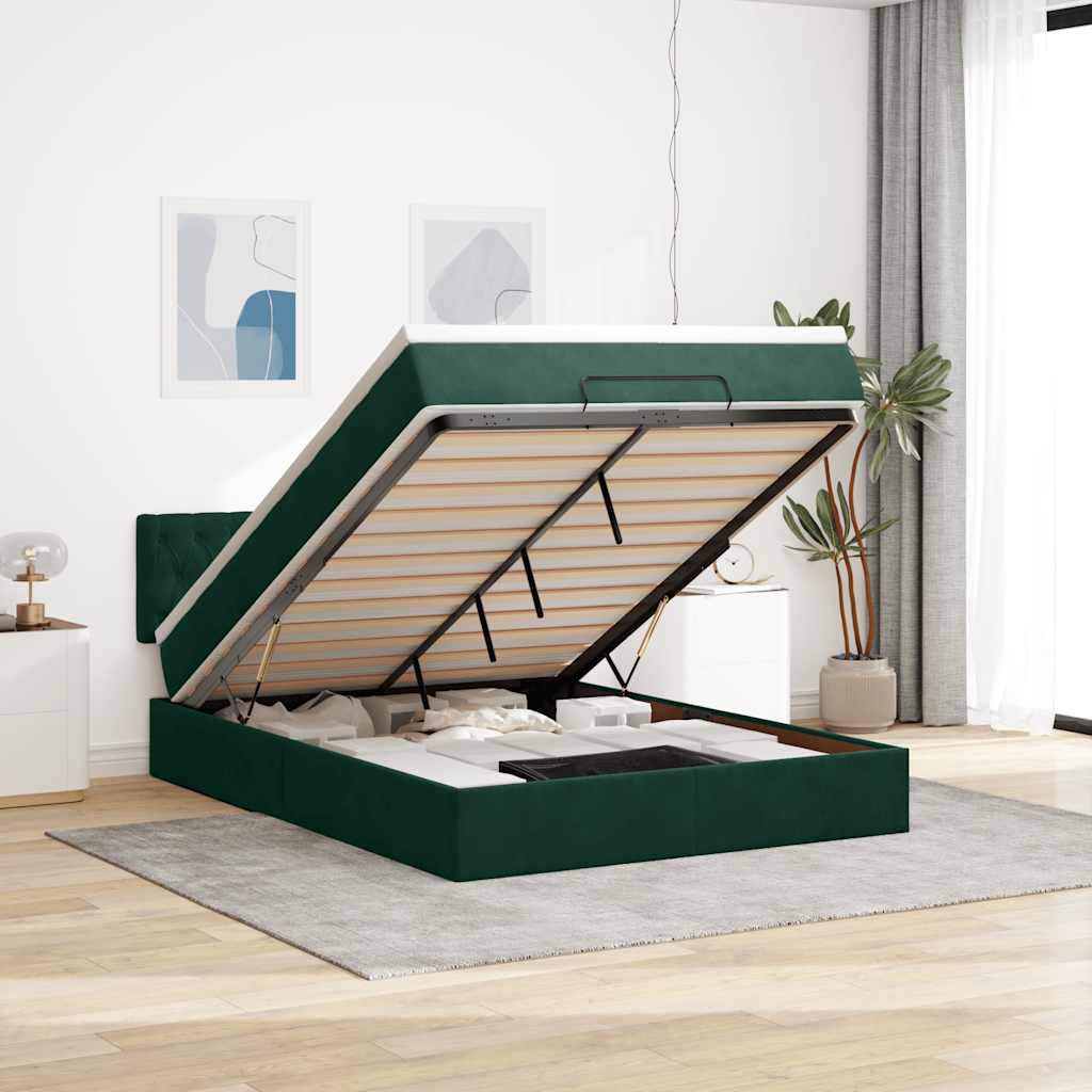 Estrutura de cama otomana com colchão 140x190cm verde escuro