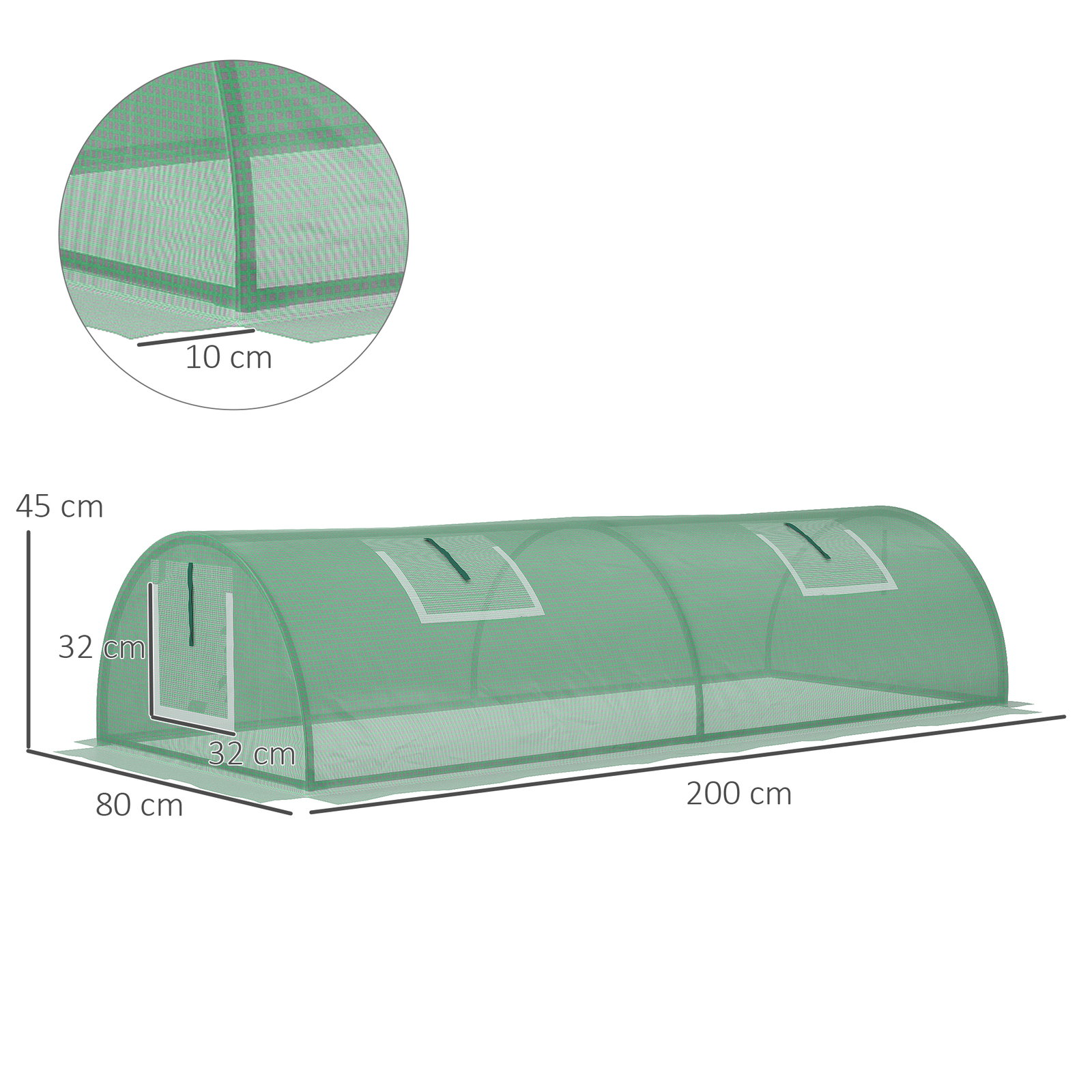 Mini estufa para cultivo de plantas com 4 janelas estrutura em aço e cobertura de PE anti-UV 200x80x45 cm verde