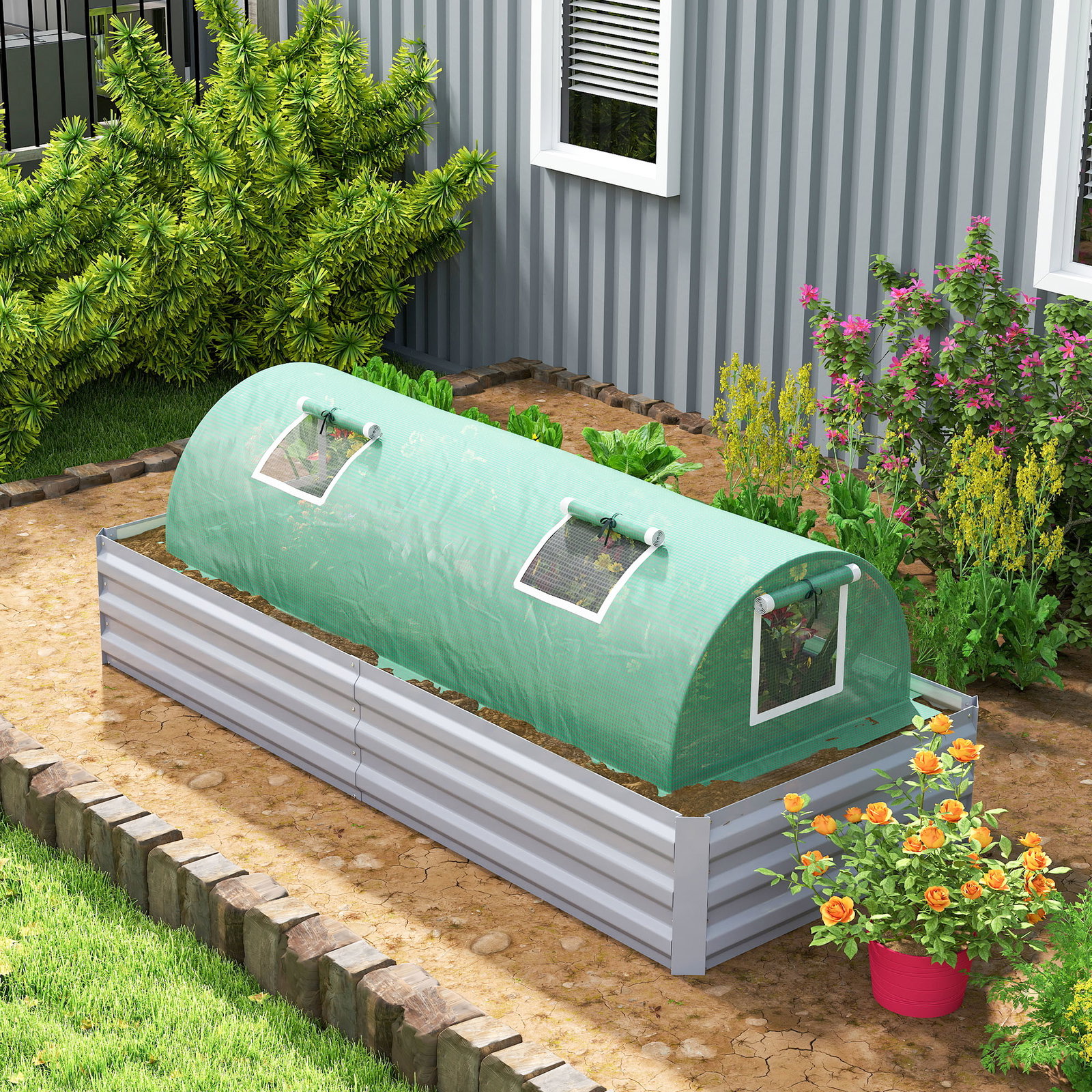 Mini estufa para cultivo de plantas com 4 janelas estrutura em aço e cobertura de PE anti-UV 200x80x45 cm verde