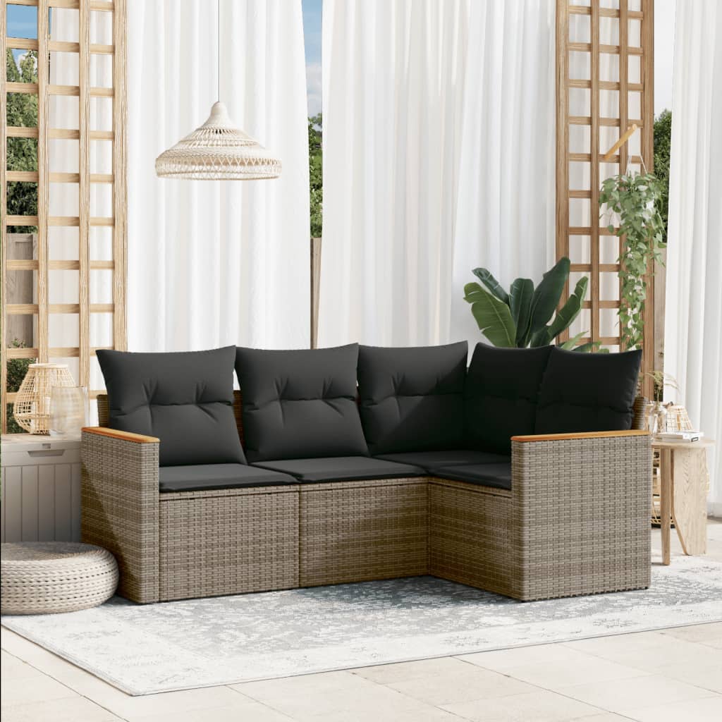 4 Pcs conjunto sofás de jardim c/ almofadões vime PE cinzento