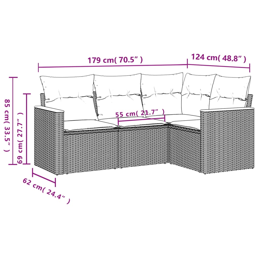 4 Pcs conjunto sofás de jardim c/ almofadões vime PE cinzento