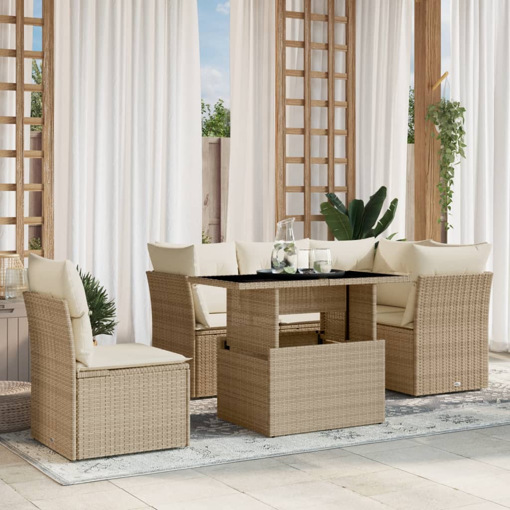 6 Pcs conjunto de sofás p/ jardim com almofadões vime PE bege