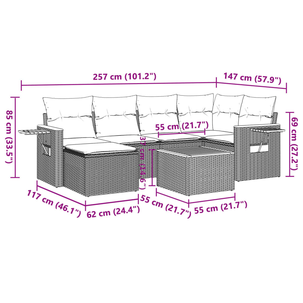7 Pcs conjunto de sofás p/ jardim c/ almofadões vime PE preto