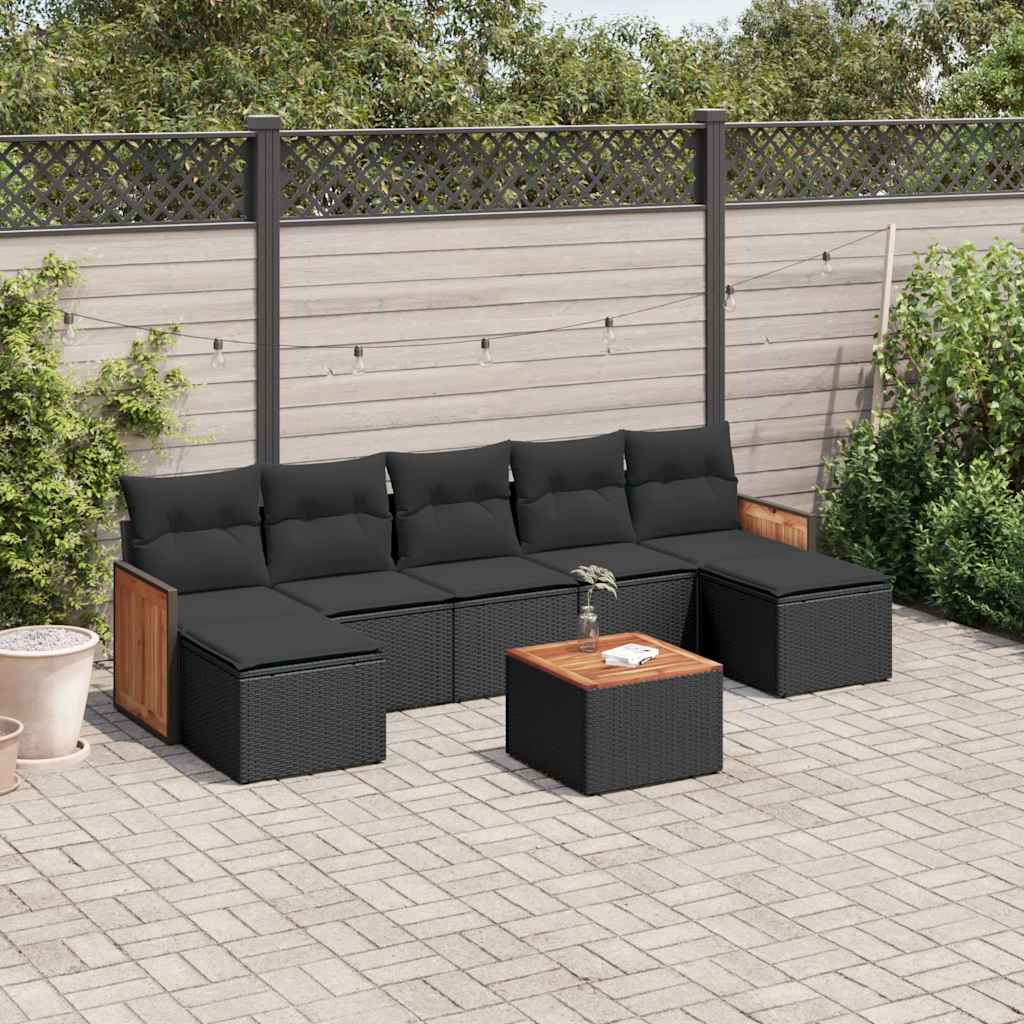 8 Pcs conjunto sofás de jardim com almofadões vime PE preto