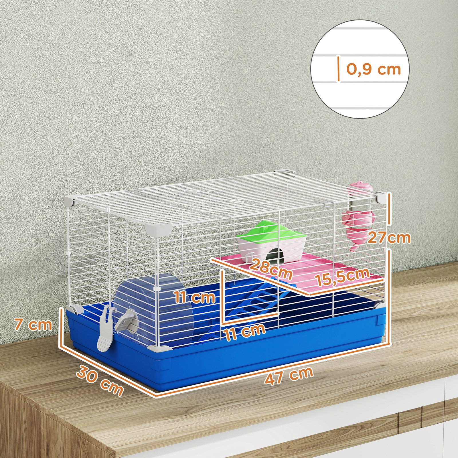 Gaiola para hamster casa para roedores com roda de exercício tigela bebedouro casinha rampas para gerbos 47x30x27 cm azul
