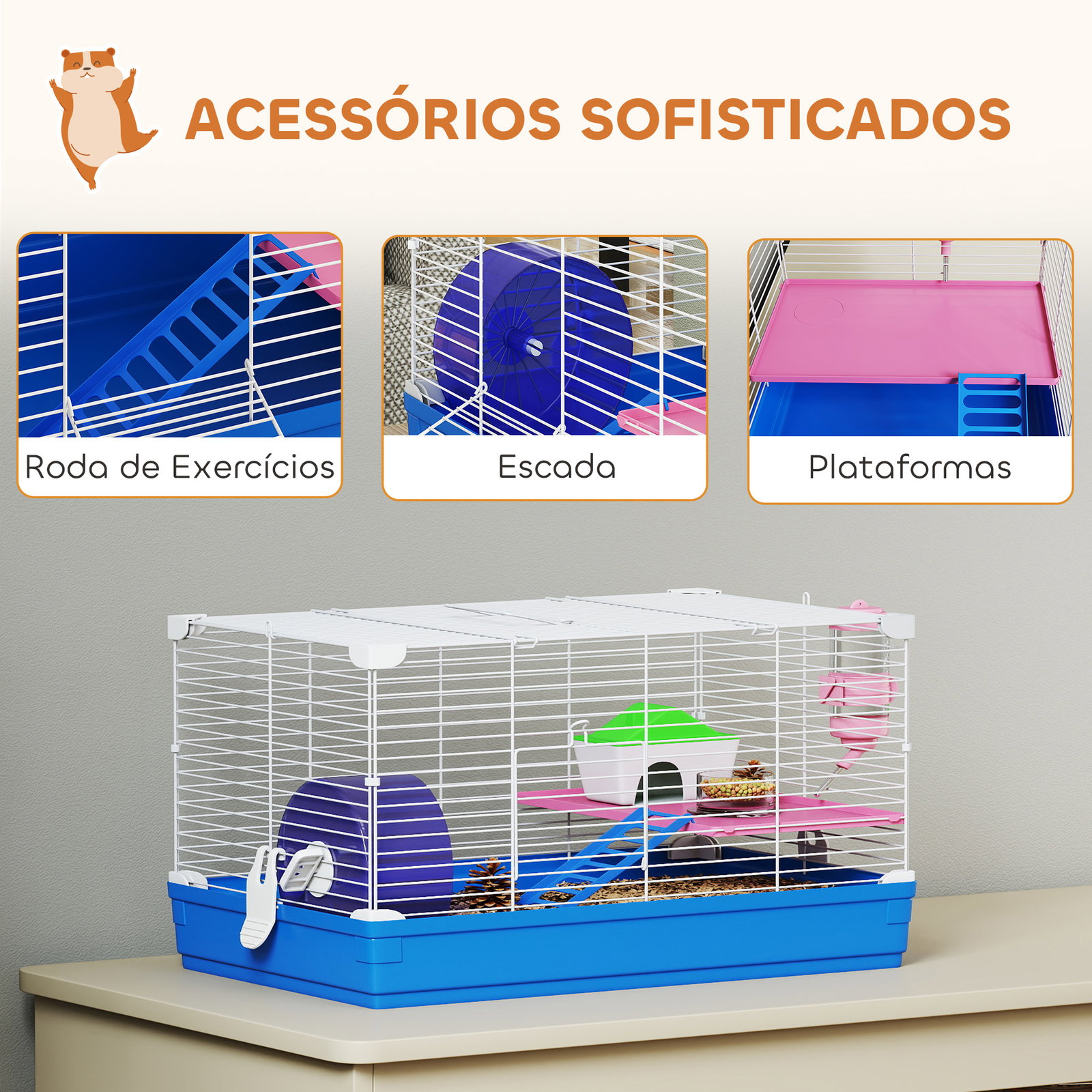 Gaiola para hamster casa para roedores com roda de exercício tigela bebedouro casinha rampas para gerbos 47x30x27 cm azul