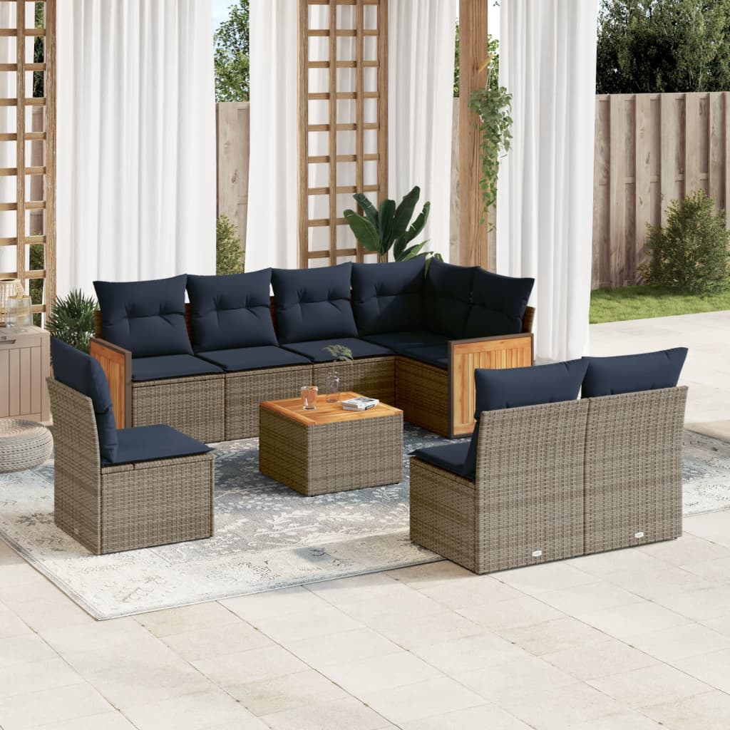Conjunto de sofá de jardim de 9 peças com almofadas em rattan sintético cinza