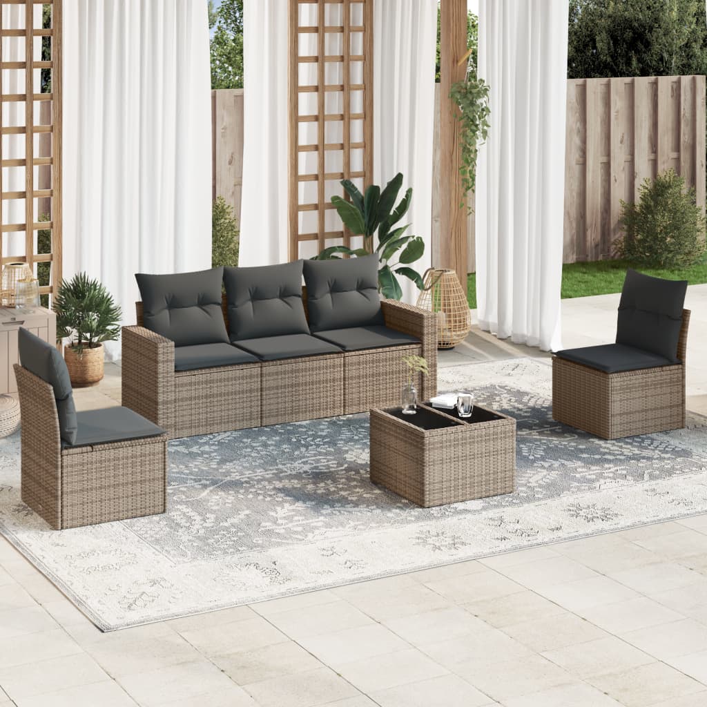 6 Pcs conjunto sofás de jardim com almofadões vime cinzento