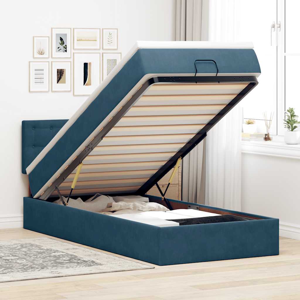 Estrutura de cama otomana com colchão azul escuro veludo