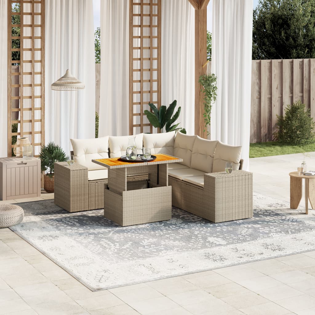 6 Pcs conjunto de sofás p/ jardim com almofadões vime PE bege