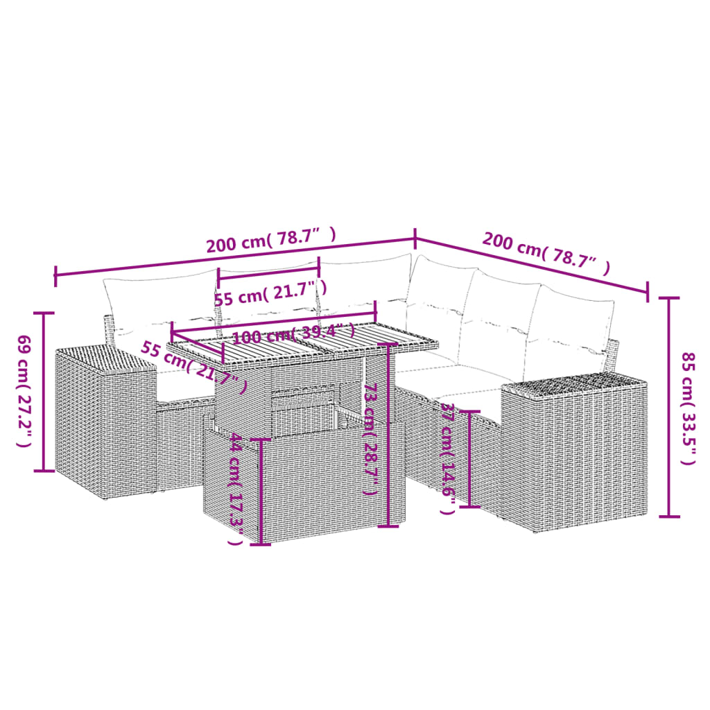 6 Pcs conjunto de sofás p/ jardim com almofadões vime PE bege