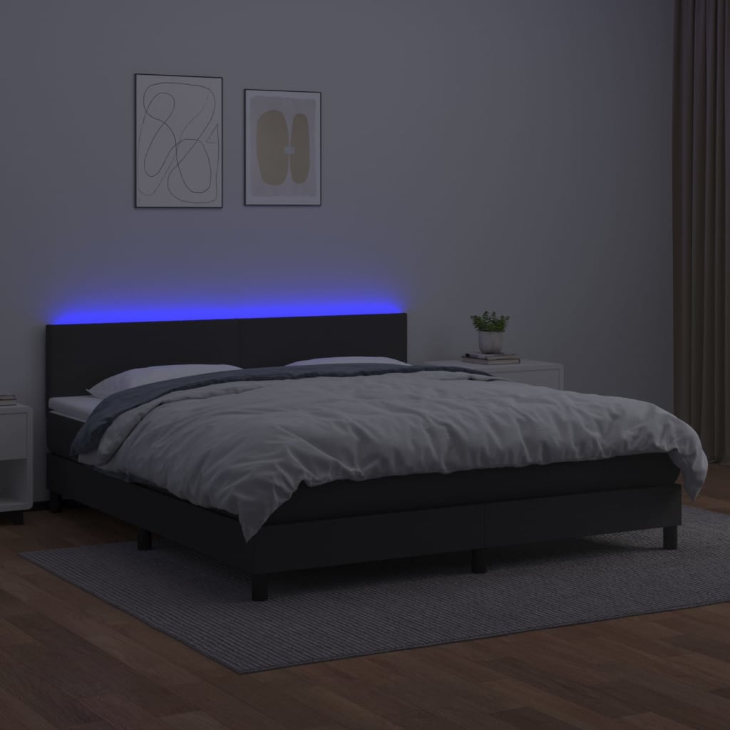 Cama box spring c/ colchão/LED 180x200cm couro artificial preto
