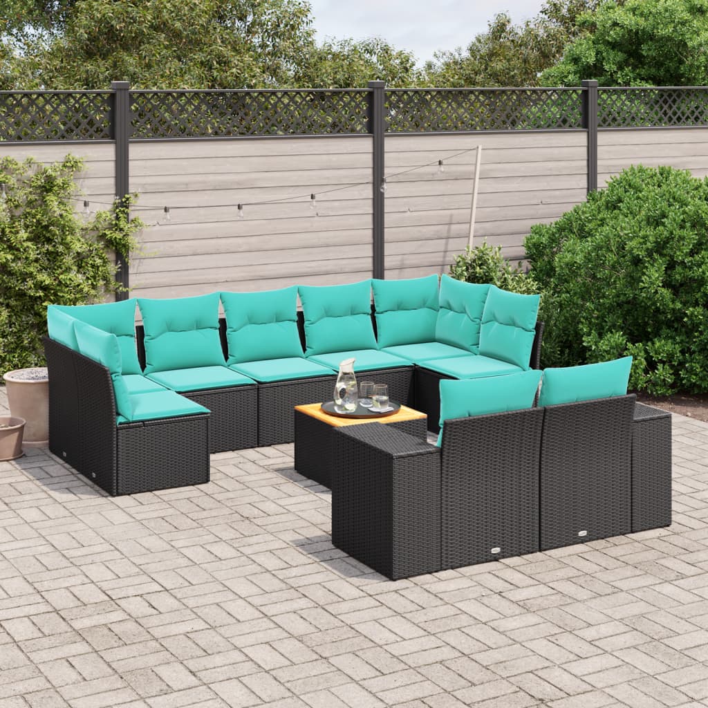 Conjunto de sofá de jardim com 10 peças e almofadas em rattan sintético preto