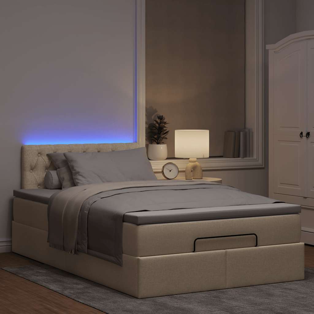 Cama otomana com colchão & leds 120x190cm tecido creme