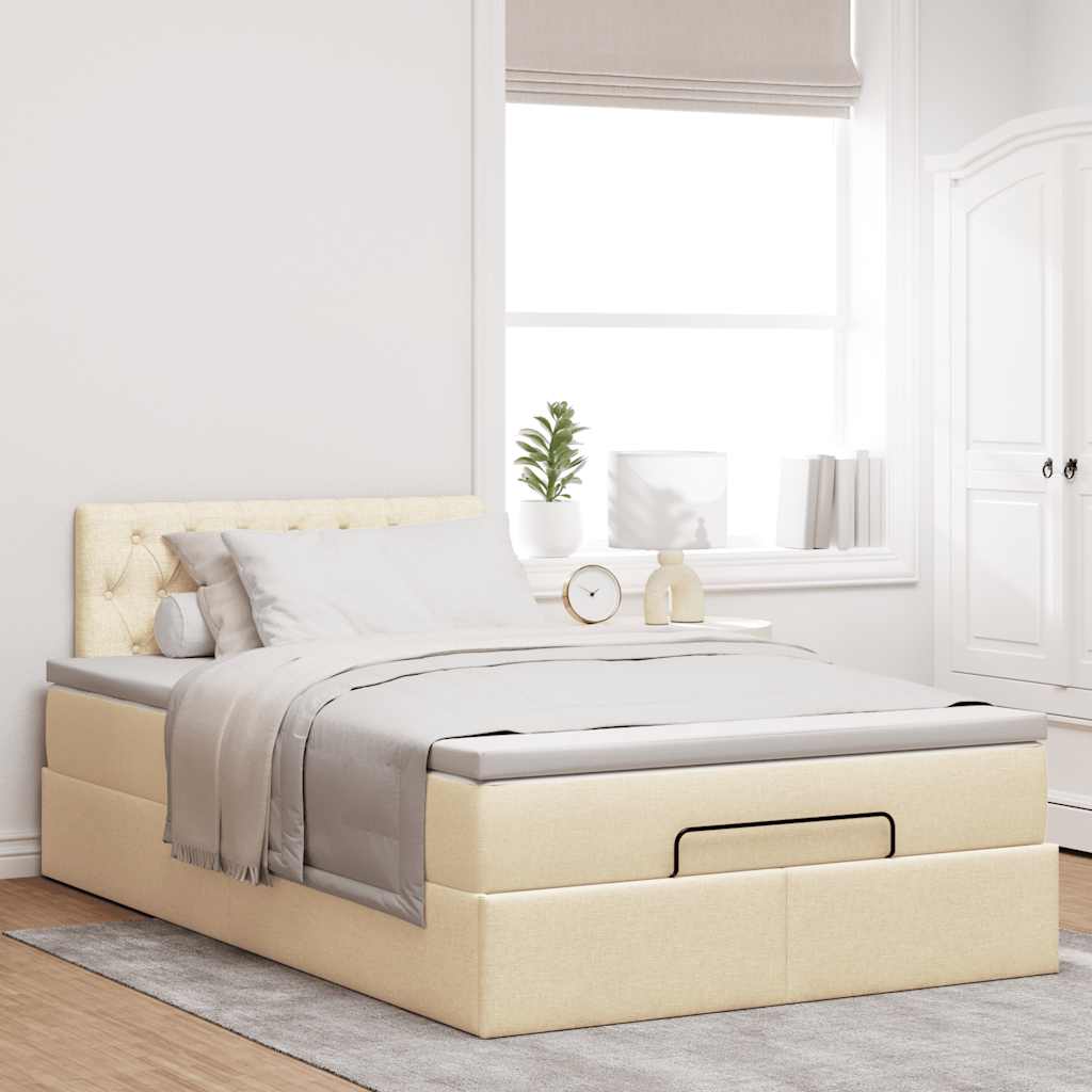 Cama otomana com colchão & leds 120x190cm tecido creme