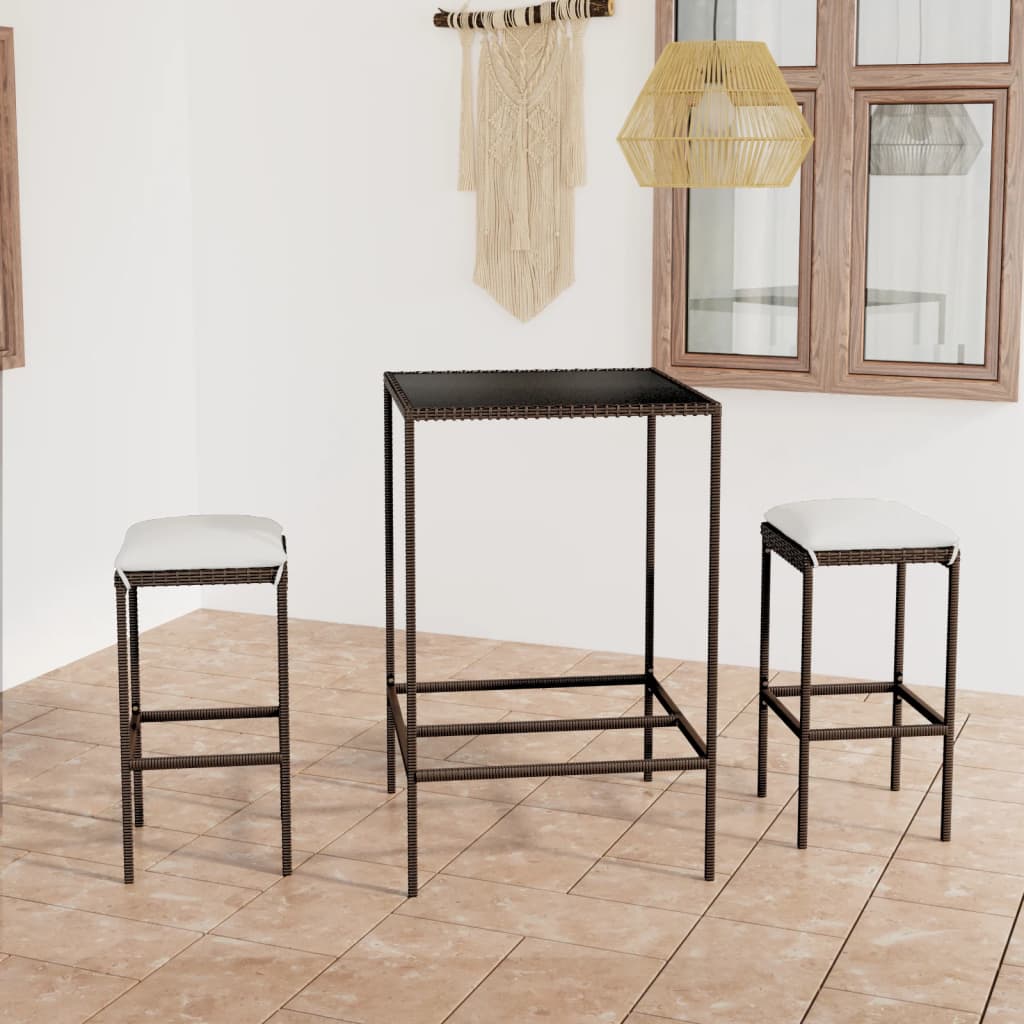 3 Pcs conjunto de bar p/ jardim com almofadões vime PE castanho