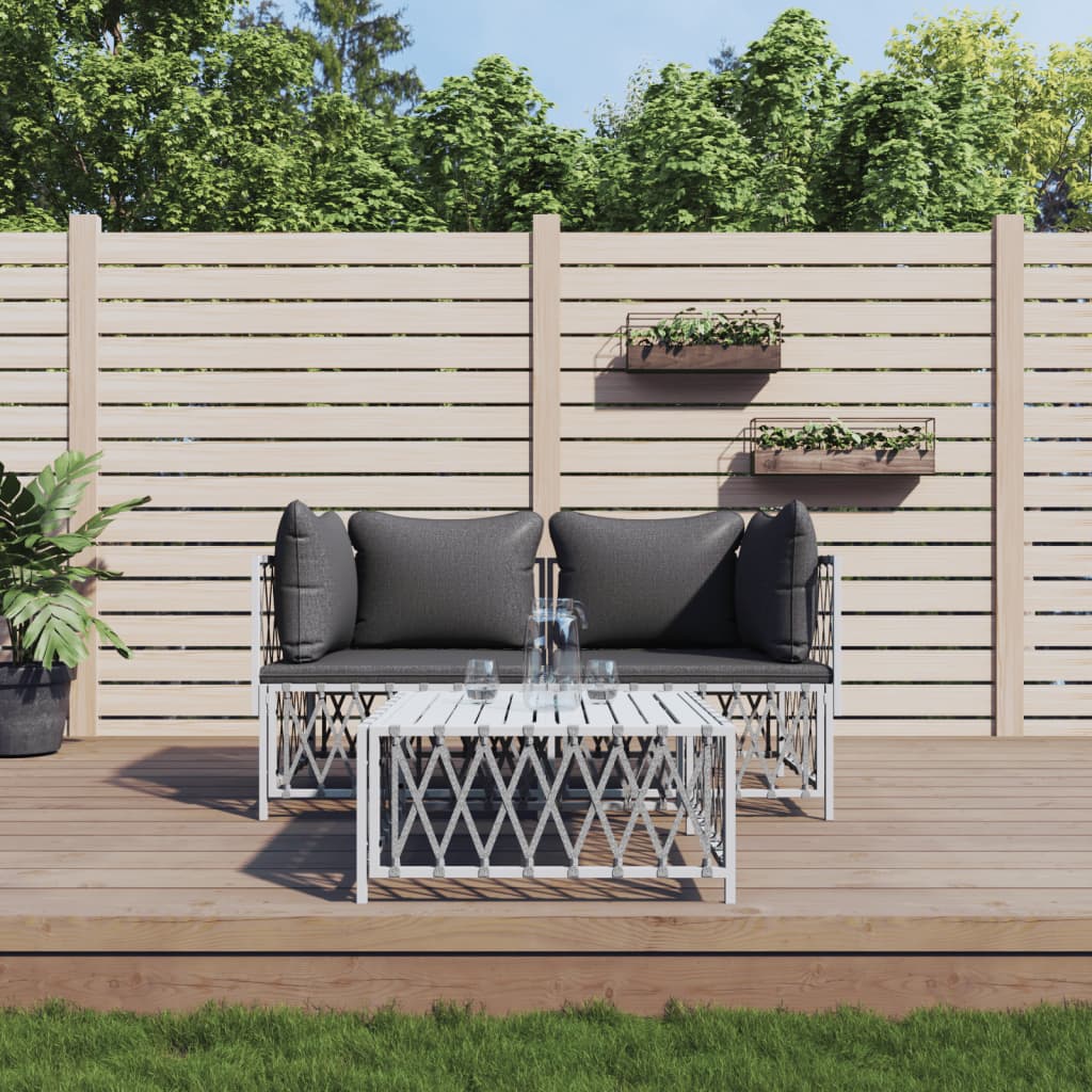 3 Pcs conjunto lounge de jardim com almofadões aço branco