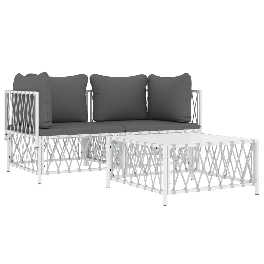 3 Pcs conjunto lounge de jardim com almofadões aço branco