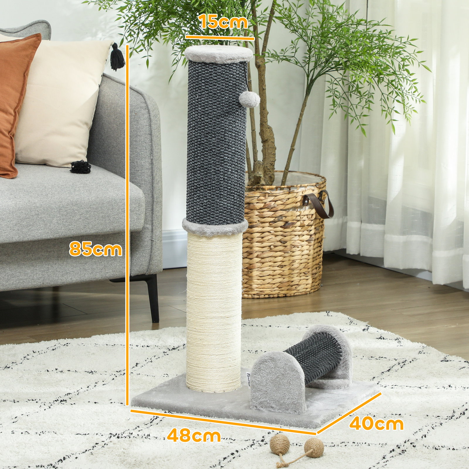 Arranhador para gatos com poste de sisal escova de auto higiene e bola suspensa 40x48x85 cm cinza e creme