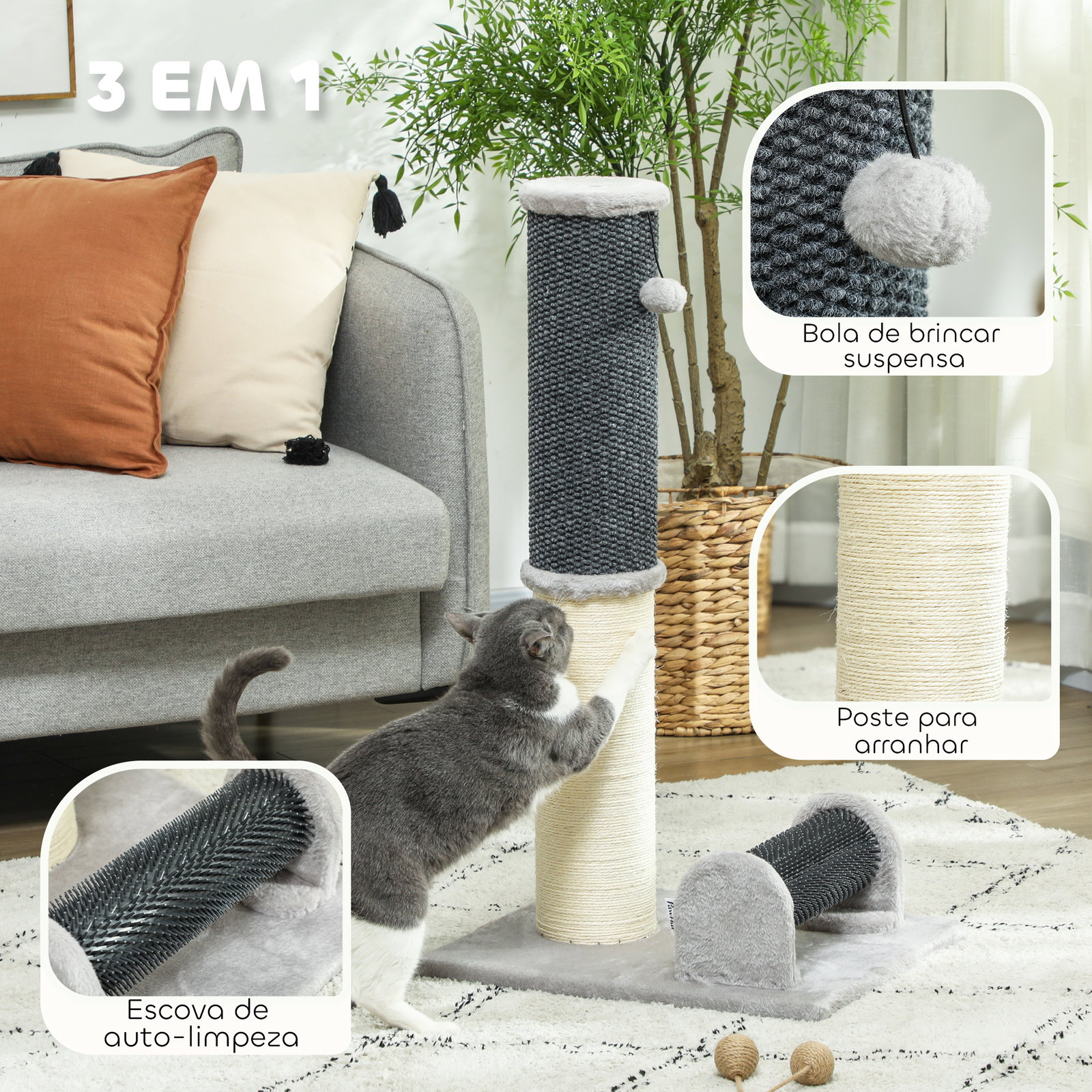 Arranhador para gatos com poste de sisal escova de auto higiene e bola suspensa 40x48x85 cm cinza e creme