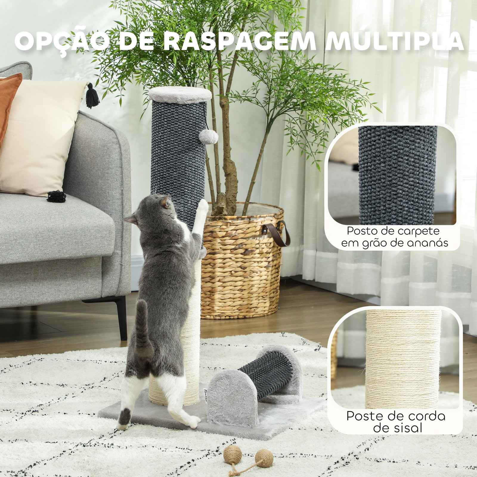 Arranhador para gatos com poste de sisal escova de auto higiene e bola suspensa 40x48x85 cm cinza e creme