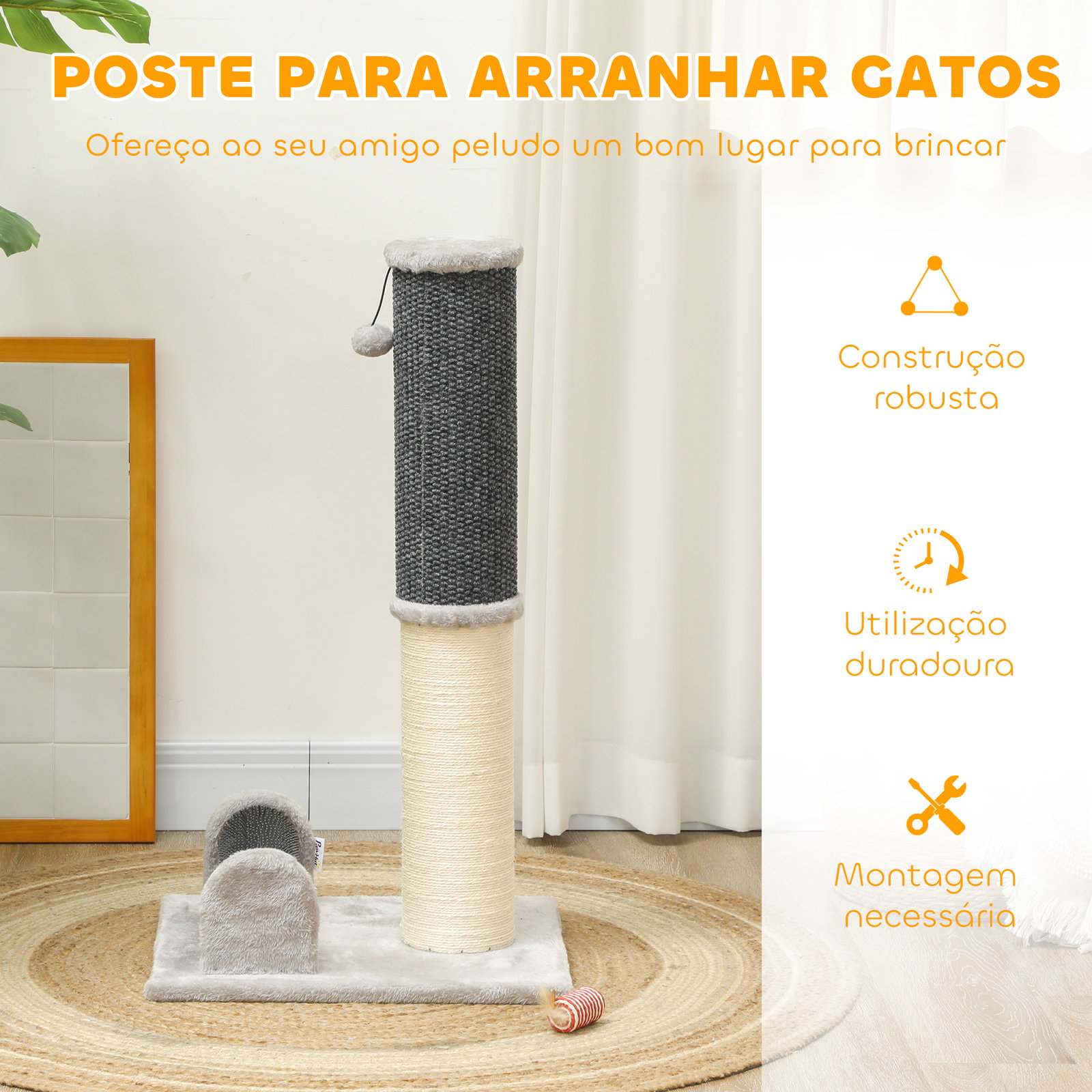 Arranhador para gatos com poste de sisal escova de auto higiene e bola suspensa 40x48x85 cm cinza e creme