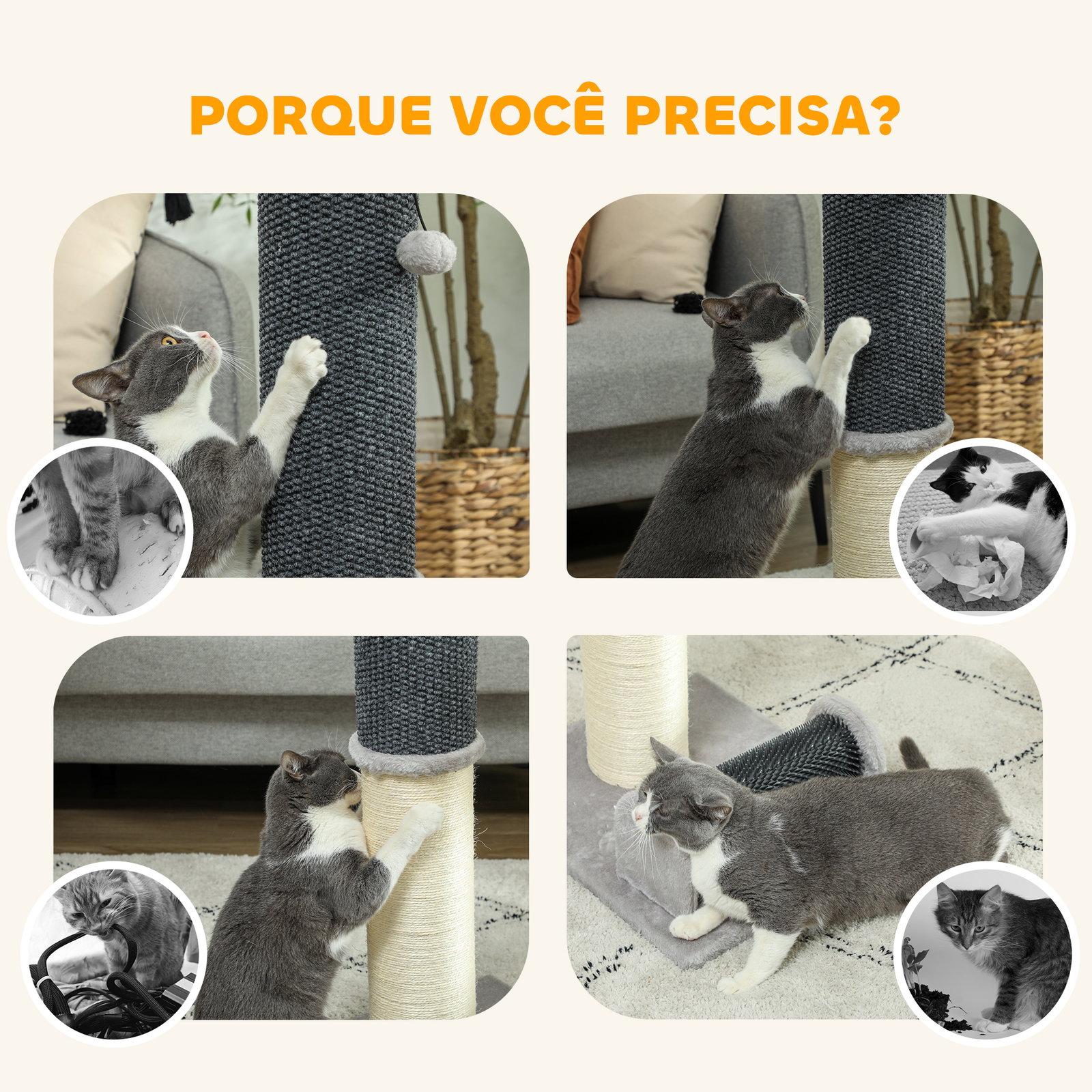 Arranhador para gatos com poste de sisal escova de auto higiene e bola suspensa 40x48x85 cm cinza e creme