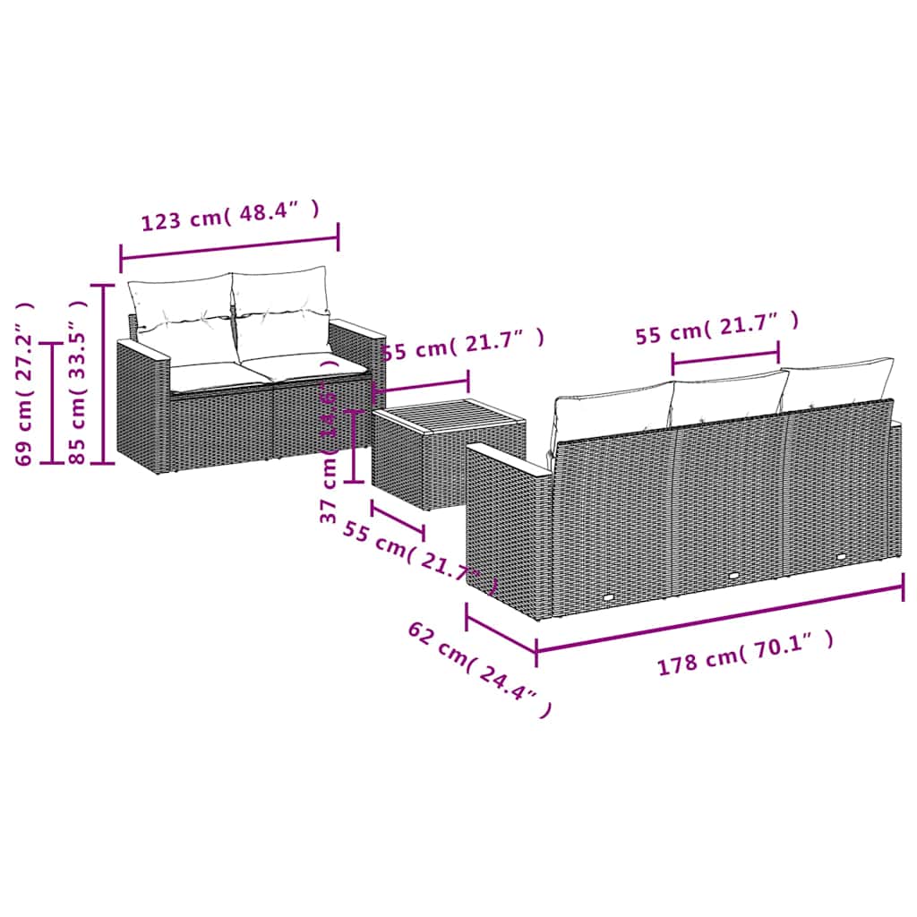 6 Pcs conjunto sofás de jardim c/ almofadões vime PE preto