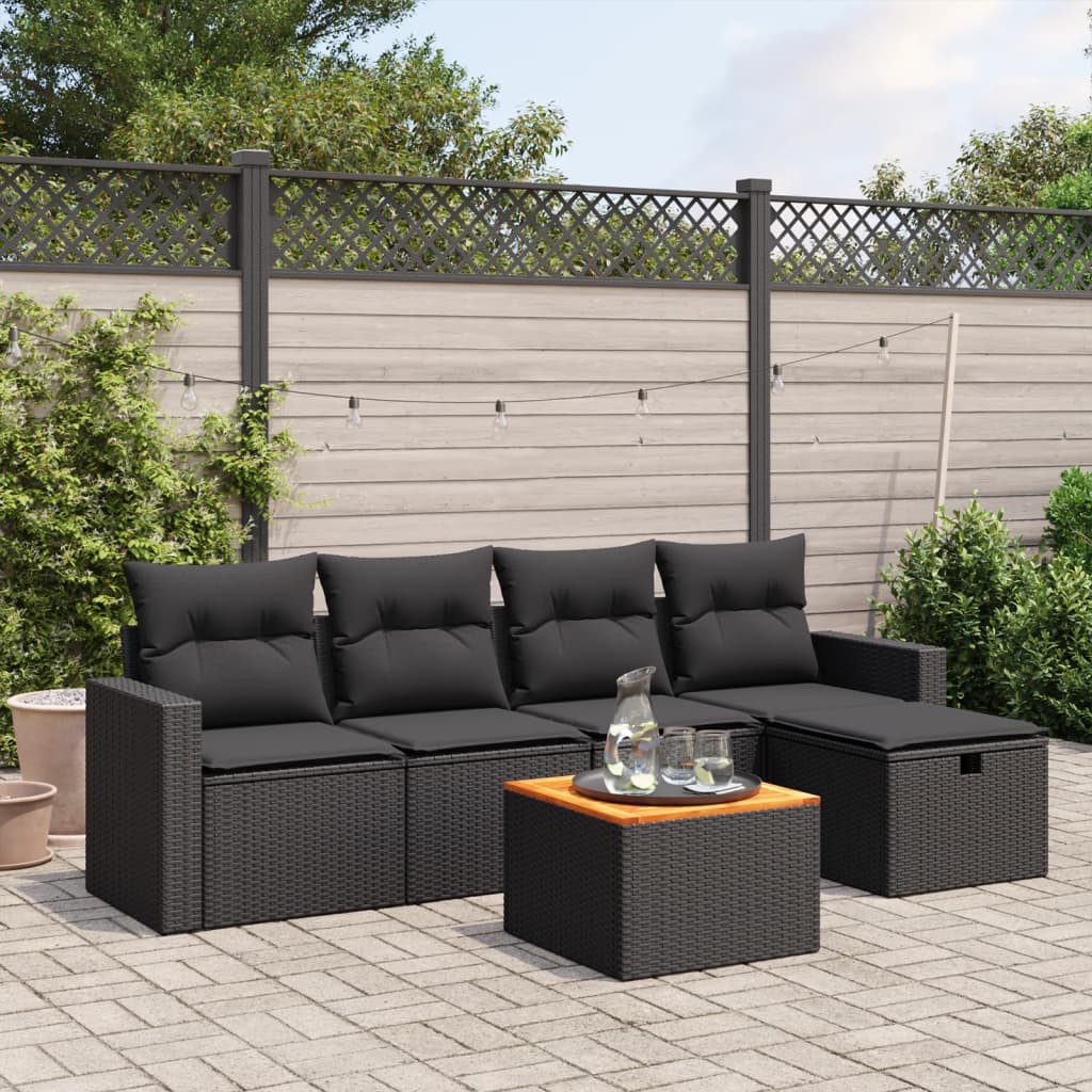 6 Pcs conjunto sofás de jardim c/ almofadões vime PE preto