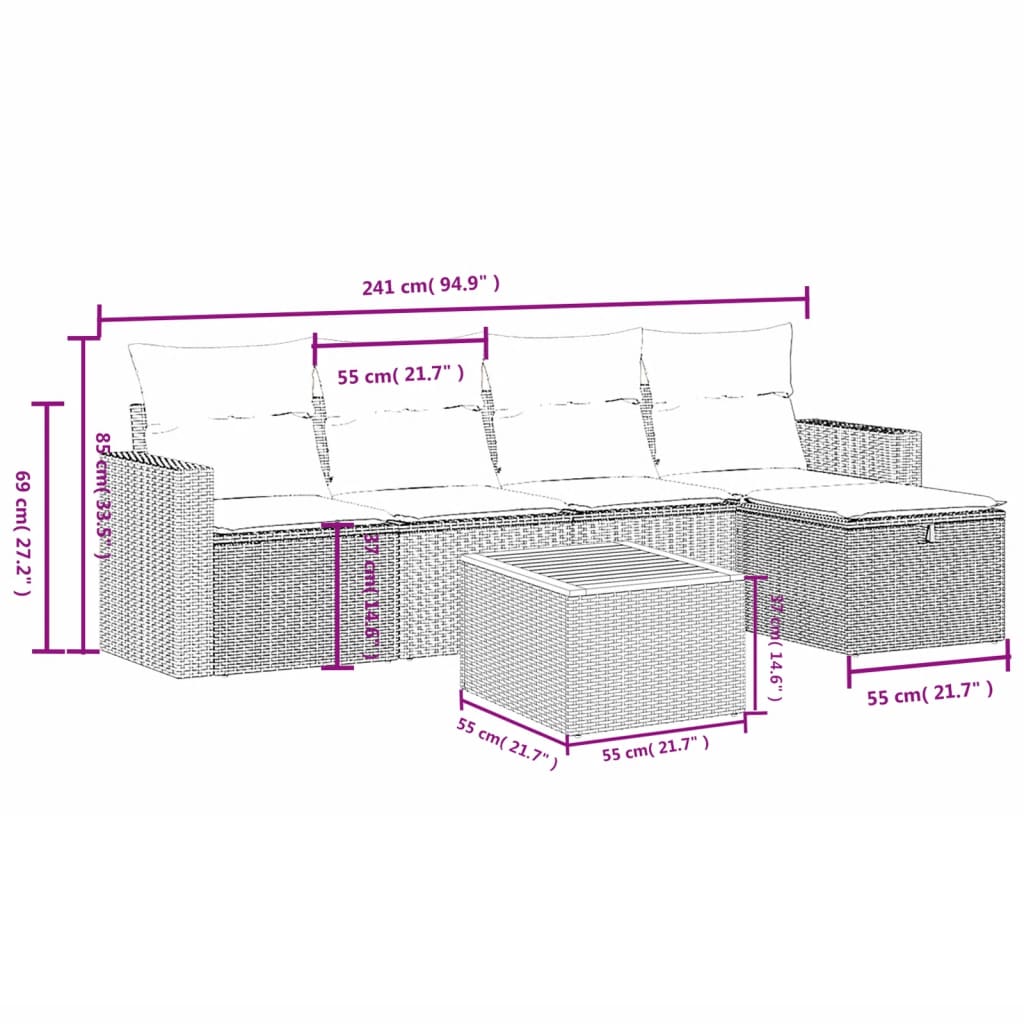 6 Pcs conjunto sofás de jardim c/ almofadões vime PE preto