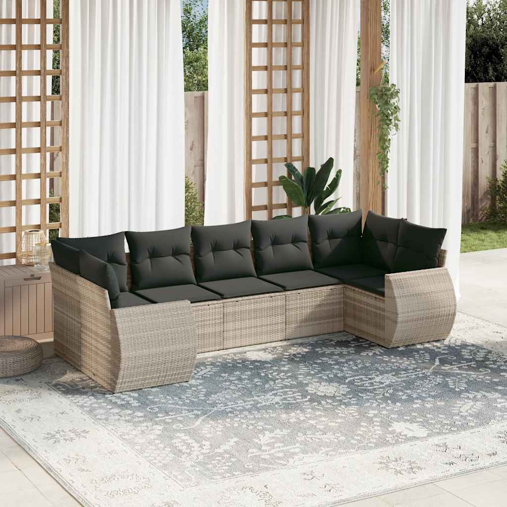 7 Pcs conj. sofás jardim com almofadões vime PE cinzento-claro