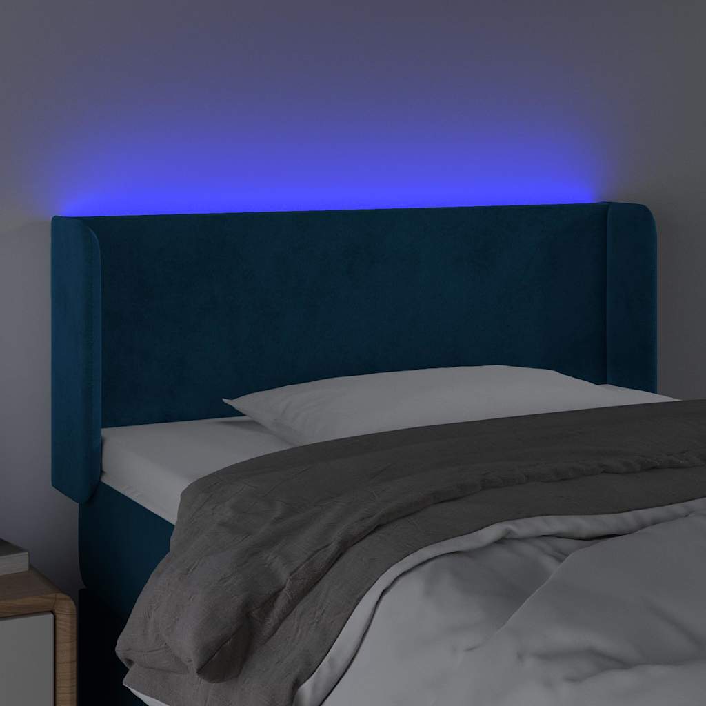 Cabeceira cama c/ luzes LED veludo 103x16x78/88 cm azul-escuro