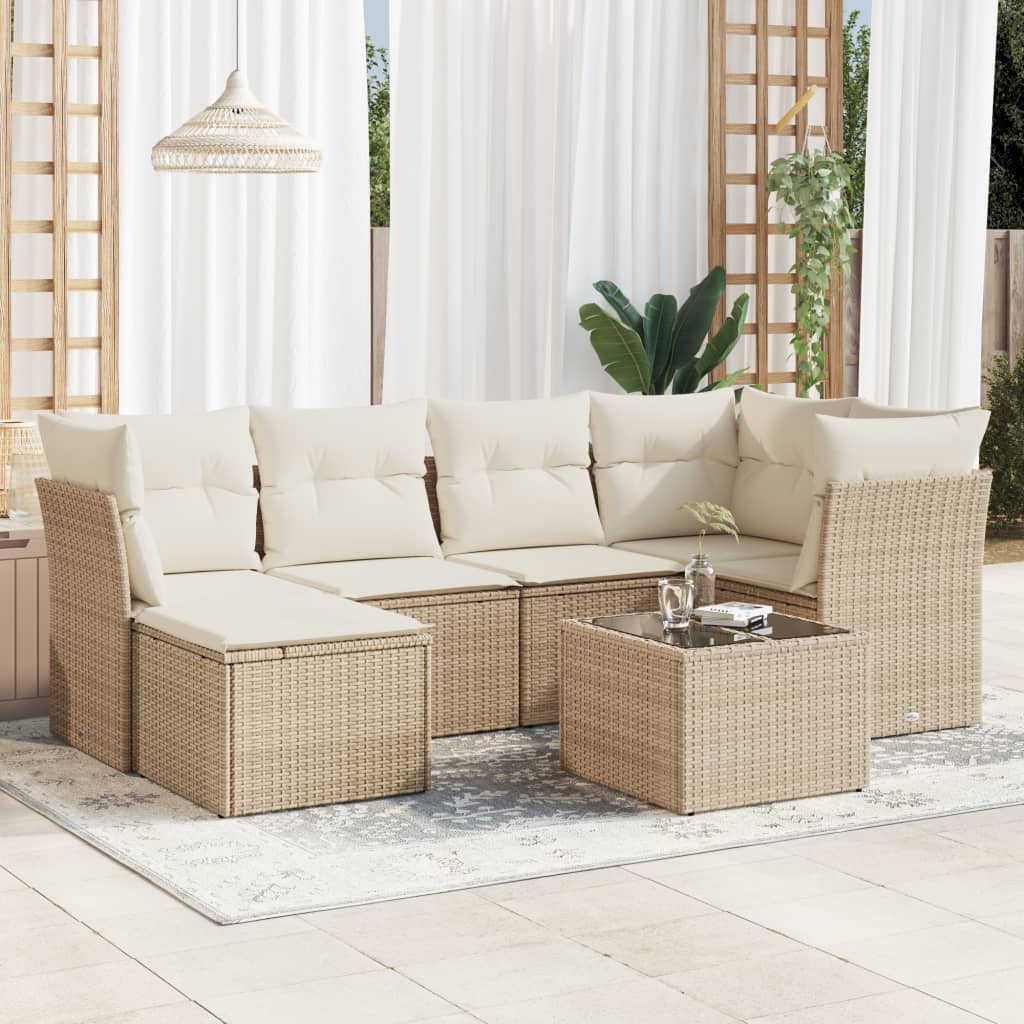 7 Pcs conjunto de sofás p/ jardim com almofadões vime PE bege
