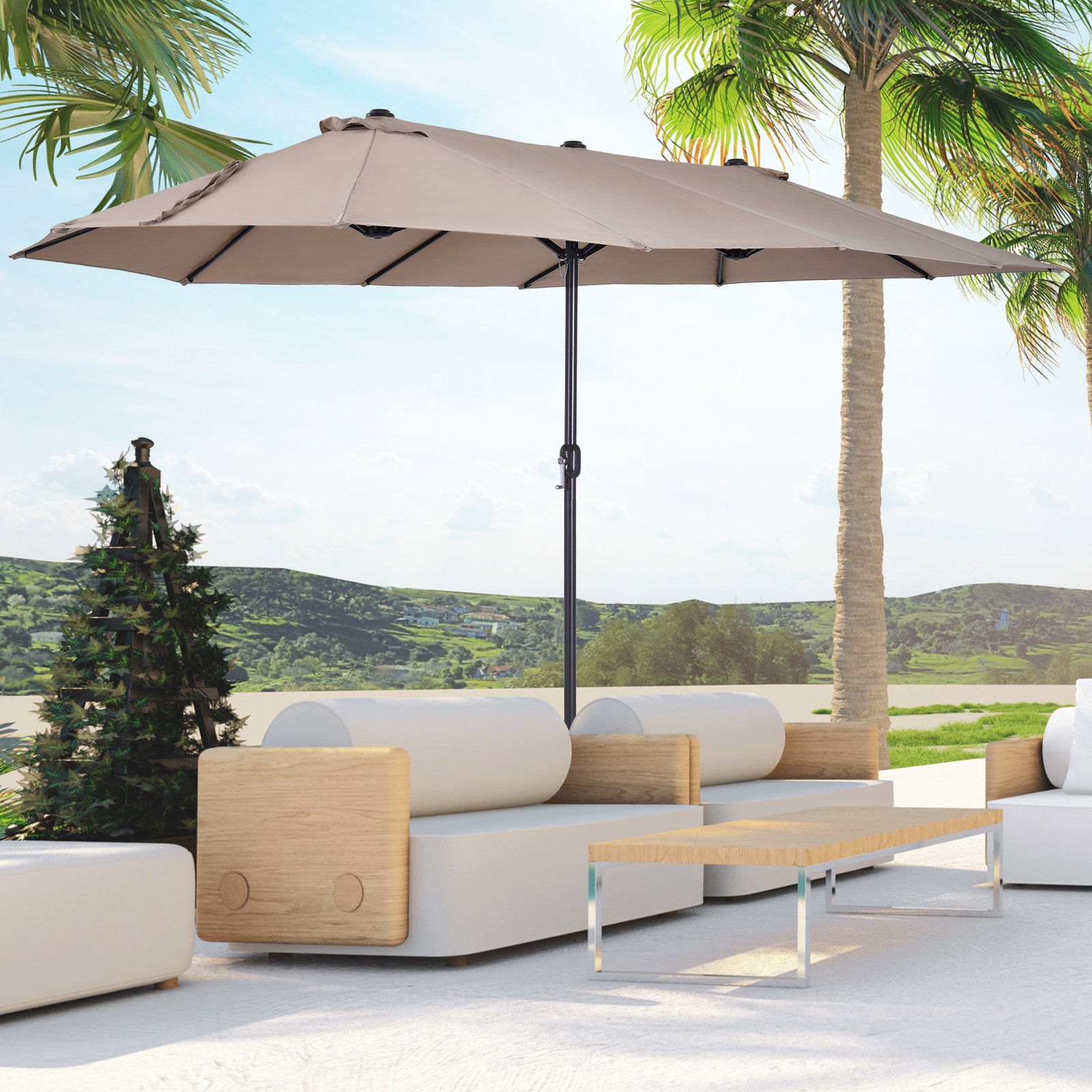 Chapéu de sol duplo 4,55x2,68x2,38 m chapéu de sol de jardim com manivela manual resistente à água e com proteção solar UV para terraço pátio café