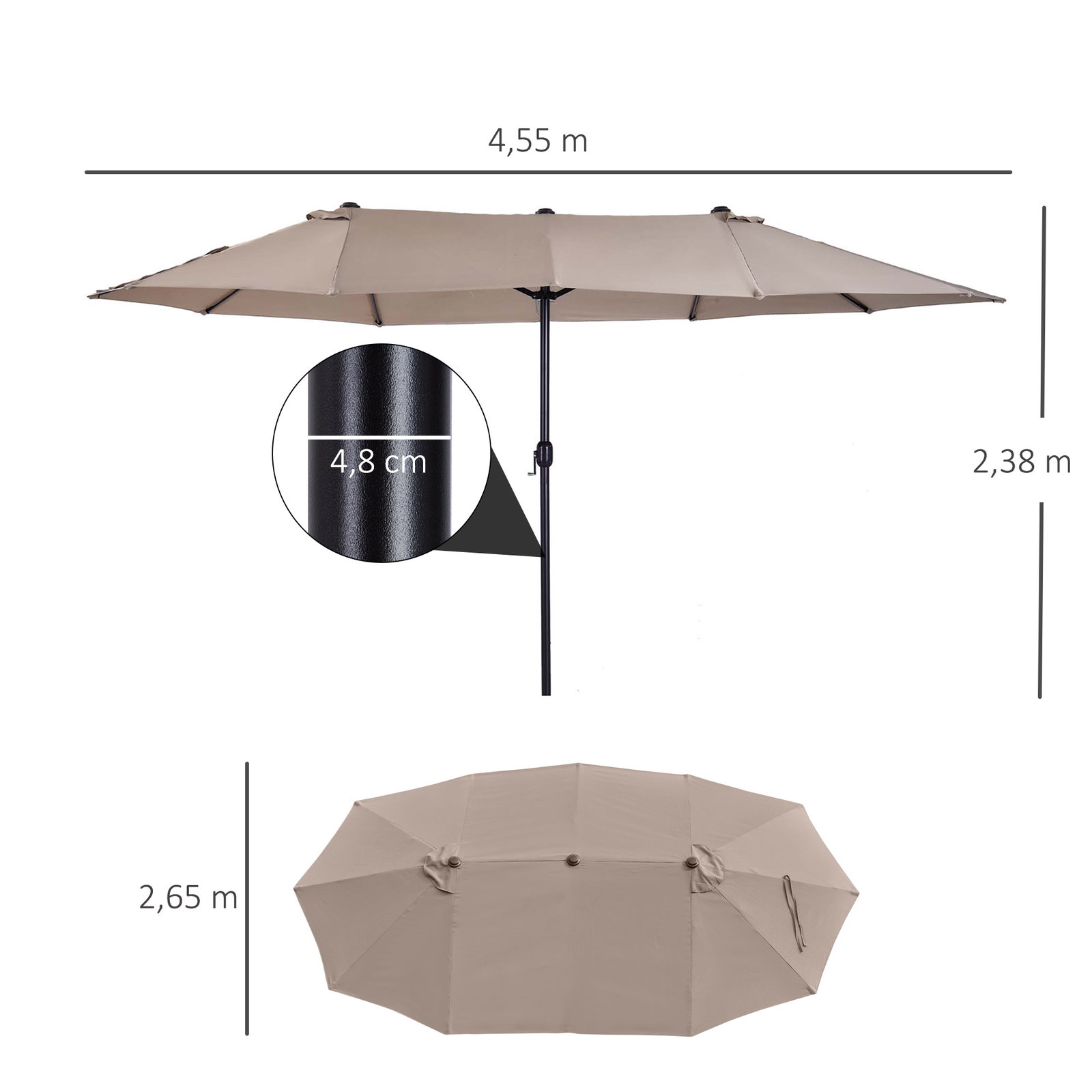 Chapéu de sol duplo 4,55x2,68x2,38 m chapéu de sol de jardim com manivela manual resistente à água e com proteção solar UV para terraço pátio café