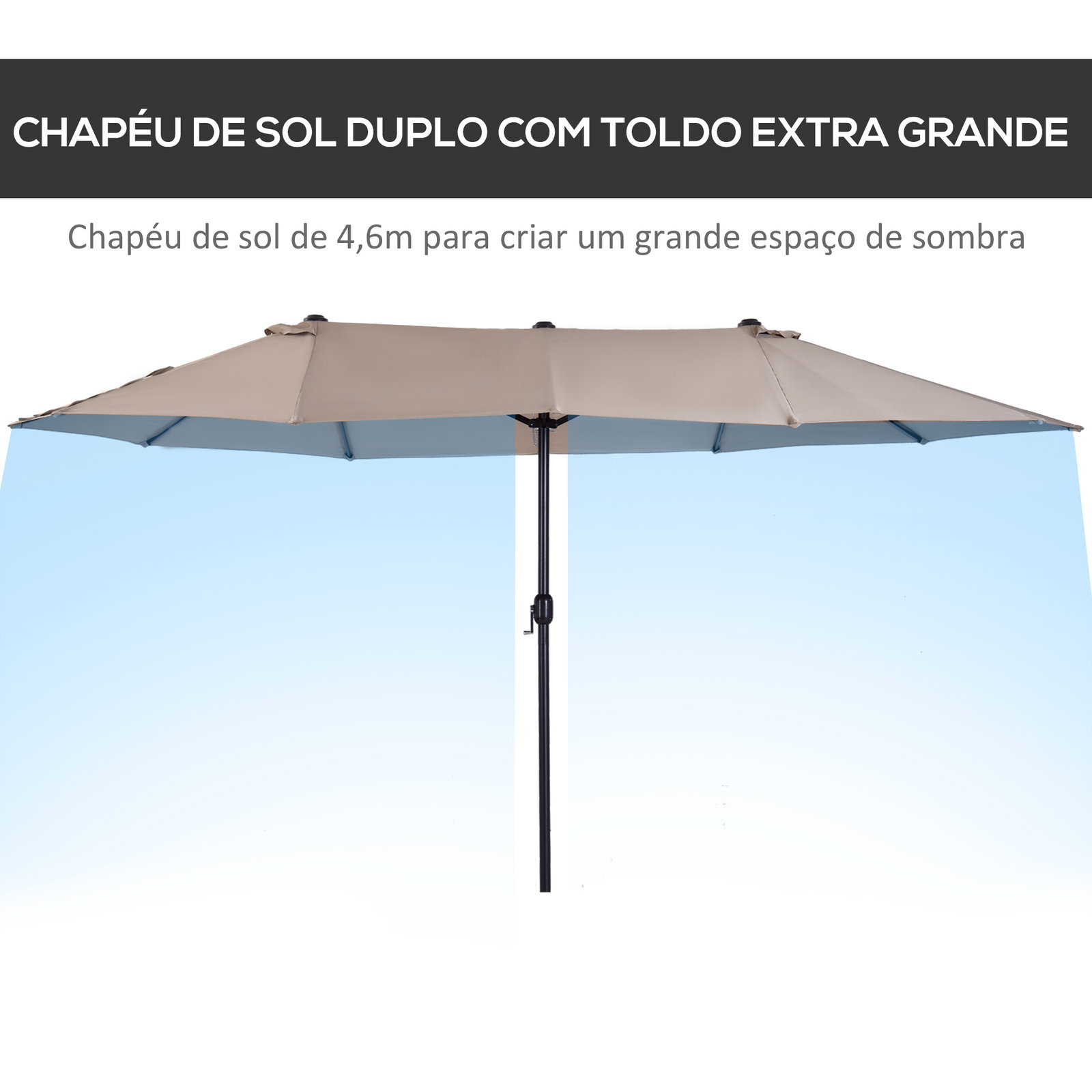 Chapéu de sol duplo 4,55x2,68x2,38 m chapéu de sol de jardim com manivela manual resistente à água e com proteção solar UV para terraço pátio café
