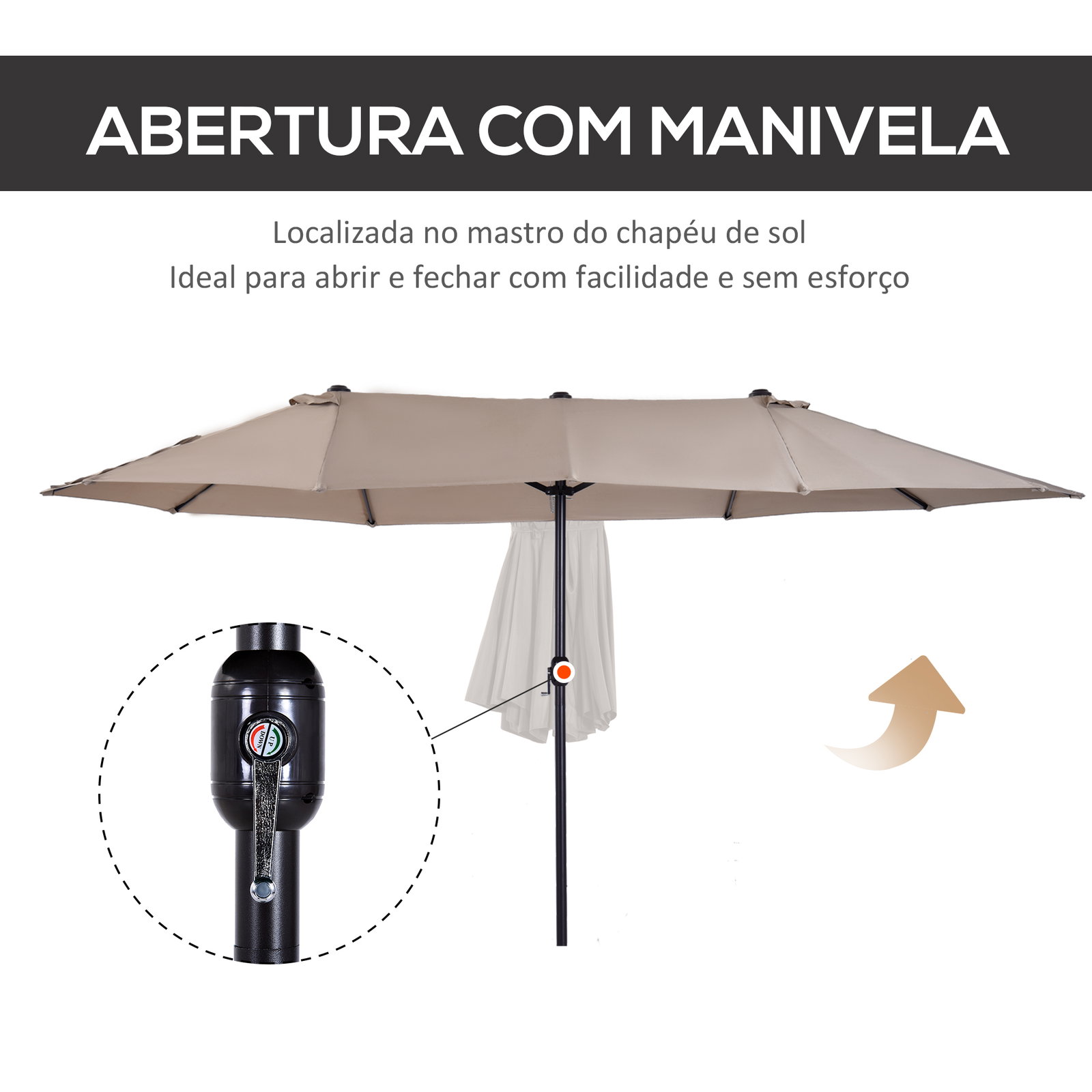 Chapéu de sol duplo 4,55x2,68x2,38 m chapéu de sol de jardim com manivela manual resistente à água e com proteção solar UV para terraço pátio café