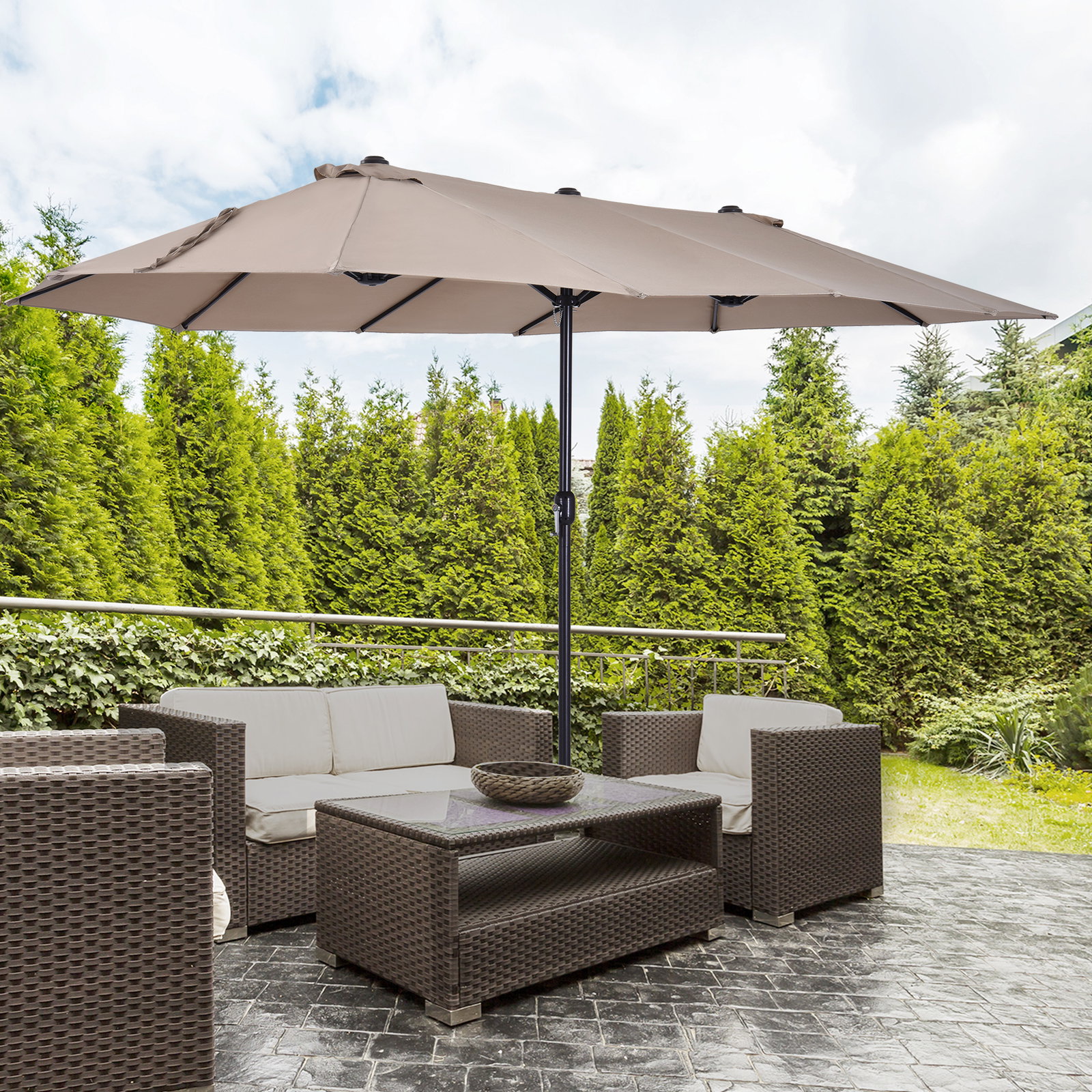 Chapéu de sol duplo 4,55x2,68x2,38 m chapéu de sol de jardim com manivela manual resistente à água e com proteção solar UV para terraço pátio café